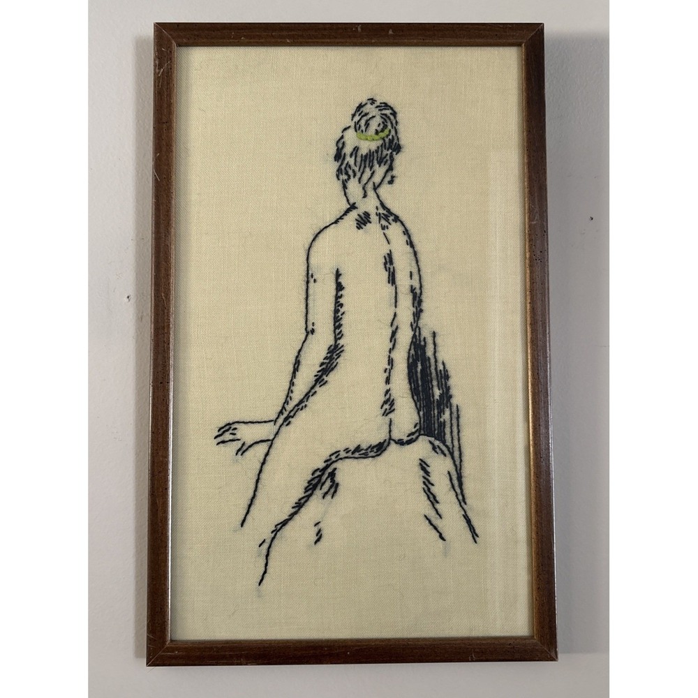 VTG Needlepoint Nude Woman Sitting Hair bun Figural Wall Art Framed Wood 13x21"